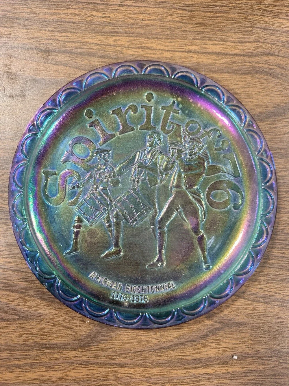 Vtg Spirit Of ‘76 Blue Carnival Glass Bicentennial Plate 1776-1976 Indiana Glass